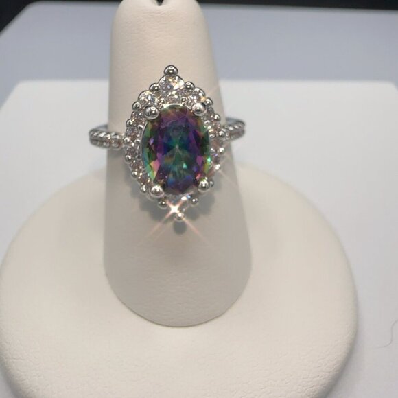 Rainbow Zircon Teardrop Halo Ring With Silvertone Band - Picture 4 of 7